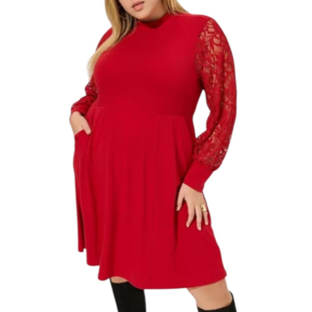Torrid Red Lace Sleeve Mock Neck Skater Dress Plus Size 3X NWT Knee Length - Picture 2 of 6